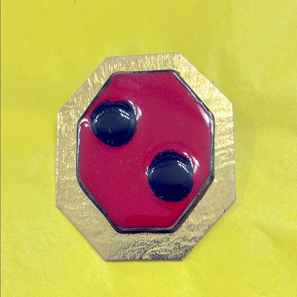 Black Dots on Red Enamel Brooch Never Used
